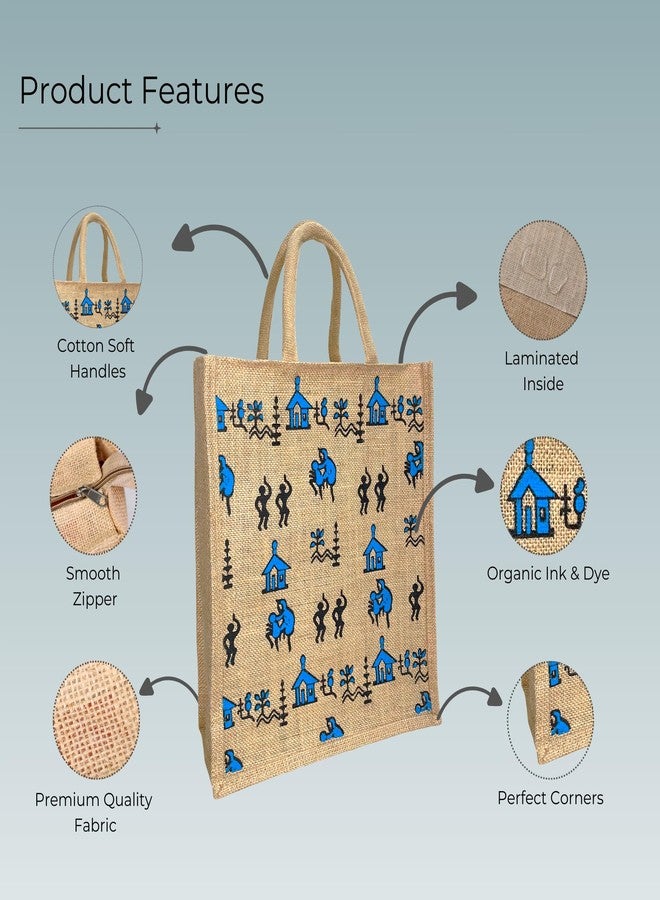 Mispacio Jute Lunch Bag with Tribal Print | Strong Zipper Closure, Eco-Friendly Blue & Black Tote for Office, School, Picnic, Shopping & Travel | Large Tiffin Bag | 12" x 14" x 5" | Pack of 1 - Image 4